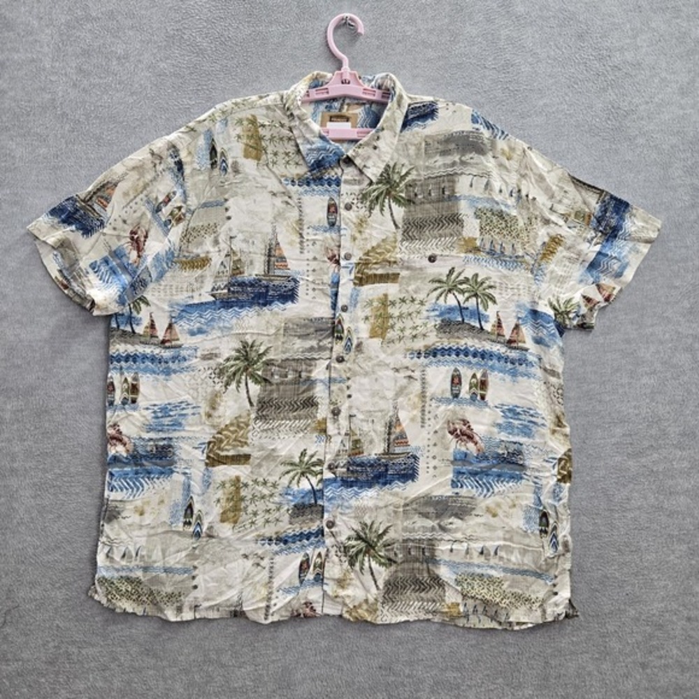The Foundry Supply Co. Men Button Up Shirt 2XL Beige Hawaiian Island Palm Trees